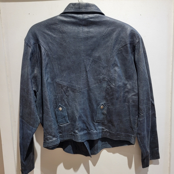 Men's Dark Blue Leather Bomber Jacket - Picture 5 of 13